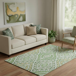 HomeRoots 5' X 8' Washable Area Rug with Green, Ivory & Gold Diamonds – UV Protected, Stylish & Durable Design 663896