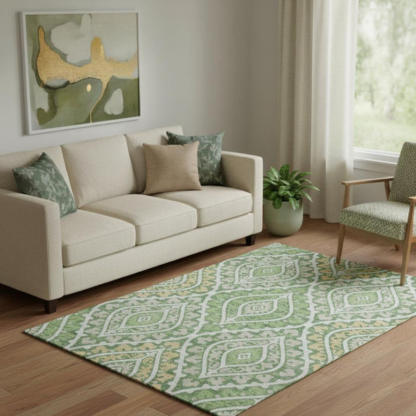 HomeRoots 5' X 8' Washable Area Rug with Green, Ivory & Gold Diamonds – UV Protected, Stylish & Durable Design 663896