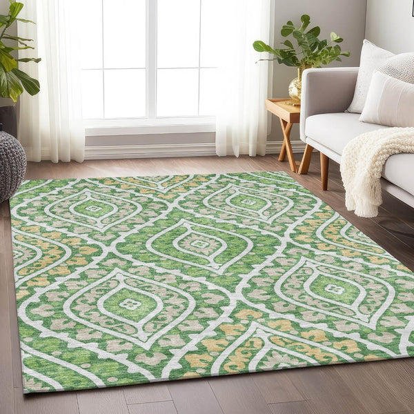HomeRoots 5' X 8' Washable Area Rug with Green, Ivory & Gold Diamonds – UV Protected, Stylish & Durable Design 663896