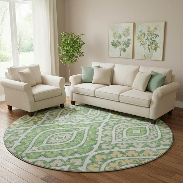 HomeRoots 8' Stylish Green Ivory Gold Diamond Washable Round Rug – UV Protected, Stain Resistant, Durable Design 663897