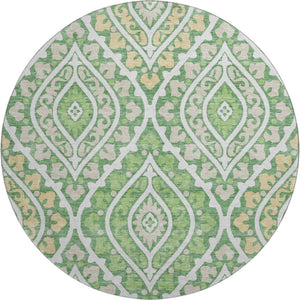 HomeRoots 8' Stylish Green Ivory Gold Diamond Washable Round Rug – UV Protected, Stain Resistant, Durable Design 663897