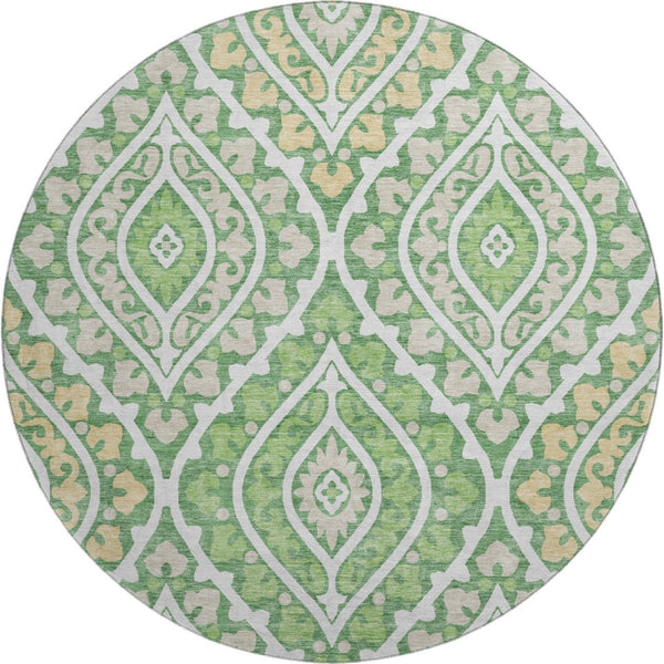 HomeRoots 8' Stylish Green Ivory Gold Diamond Washable Round Rug – UV Protected, Stain Resistant, Durable Design 663897