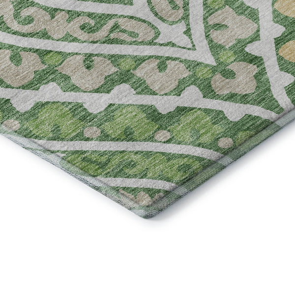 HomeRoots 8' Stylish Green Ivory Gold Diamond Washable Round Rug – UV Protected, Stain Resistant, Durable Design 663897