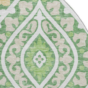 HomeRoots 8' Stylish Green Ivory Gold Diamond Washable Round Rug – UV Protected, Stain Resistant, Durable Design 663897