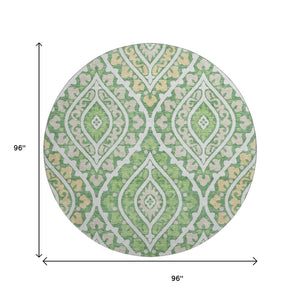 HomeRoots 8' Stylish Green Ivory Gold Diamond Washable Round Rug – UV Protected, Stain Resistant, Durable Design 663897