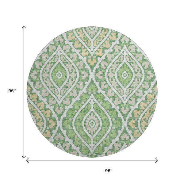 HomeRoots 8' Stylish Green Ivory Gold Diamond Washable Round Rug – UV Protected, Stain Resistant, Durable Design 663897