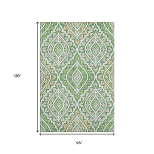 HomeRoots 8' X 10' Washable Diamond Area Rug in Green, Ivory & Gold - Stain Resistant, UV Protected, Durable Design 663898