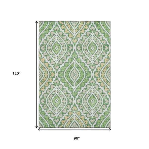 HomeRoots 8' X 10' Washable Diamond Area Rug in Green, Ivory & Gold - Stain Resistant, UV Protected, Durable Design 663898