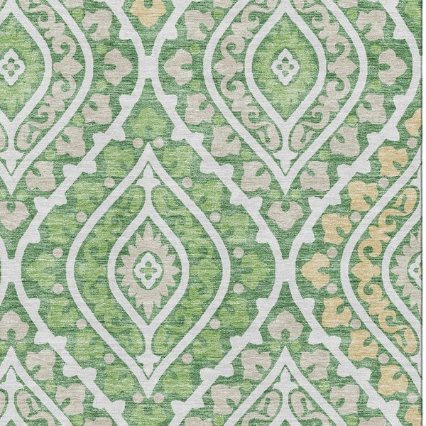 HomeRoots 8' X 10' Washable Diamond Area Rug in Green, Ivory & Gold - Stain Resistant, UV Protected, Durable Design 663898