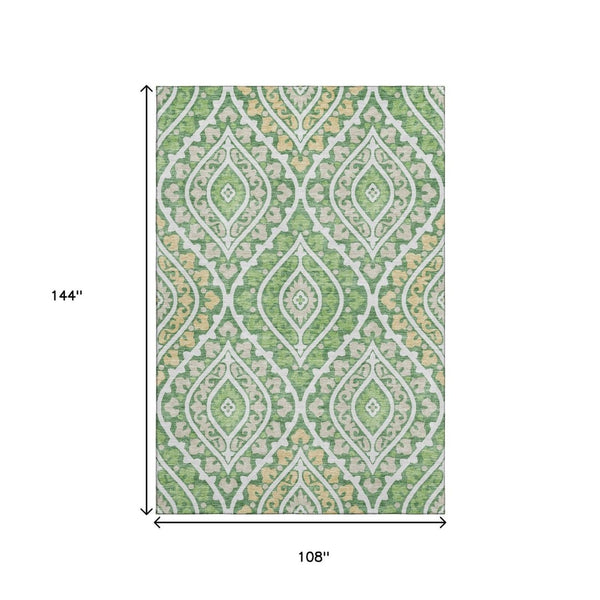HomeRoots 9' X 12' Green Ivory Gold Diamond Washable Area Rug – Stain Resistant, UV Protected & Stylish! 663899