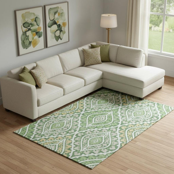 HomeRoots 9' X 12' Green Ivory Gold Diamond Washable Area Rug – Stain Resistant, UV Protected & Stylish! 663899