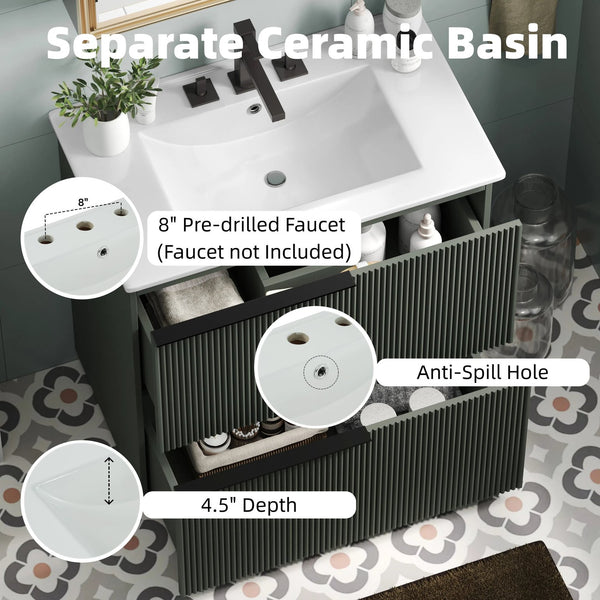 English Elm Christopher Knight Home® - 30" Bathroom Vanity With Elegant Ceramic Sink, Soft-Close Drawers & Fluted Green Design For Modern Spaces N817P295760G