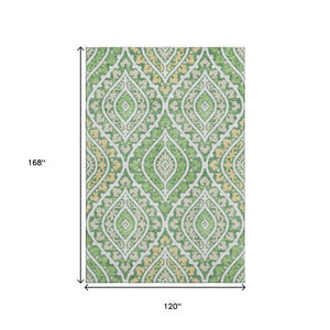 HomeRoots 10' X 14' Green Ivory And Gold Diamond Area Rug - Washable, UV-Protected, Stylish & Durable Design 663900