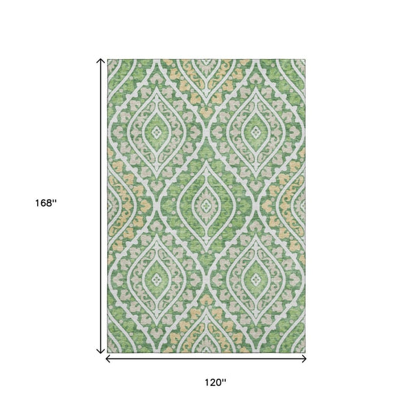 HomeRoots 10' X 14' Green Ivory And Gold Diamond Area Rug - Washable, UV-Protected, Stylish & Durable Design 663900