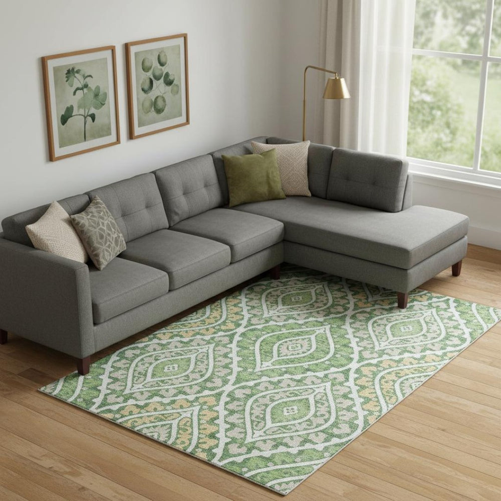 HomeRoots 10' X 14' Green Ivory And Gold Diamond Area Rug - Washable, UV-Protected, Stylish & Durable Design 663900