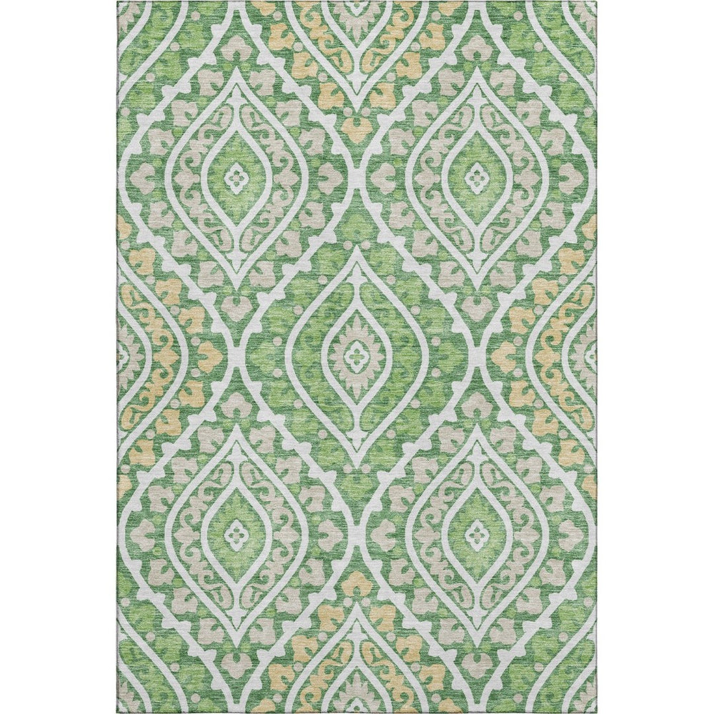 HomeRoots 10' X 14' Green Ivory And Gold Diamond Area Rug - Washable, UV-Protected, Stylish & Durable Design 663900