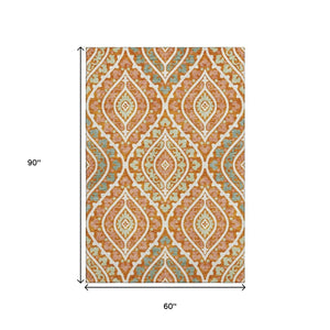 HomeRoots 5' X 8' Vibrant Orange Green Ivory Diamond Area Rug - Washable, UV-Protected, Pet-Friendly Design! 663908