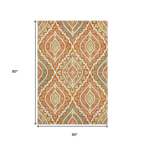 HomeRoots 5' X 8' Vibrant Orange Green Ivory Diamond Area Rug - Washable, UV-Protected, Pet-Friendly Design! 663908