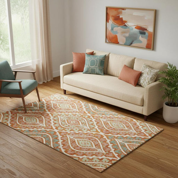 HomeRoots 5' X 8' Vibrant Orange Green Ivory Diamond Area Rug - Washable, UV-Protected, Pet-Friendly Design! 663908