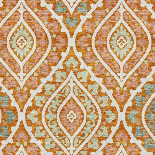 HomeRoots 5' X 8' Vibrant Orange Green Ivory Diamond Area Rug - Washable, UV-Protected, Pet-Friendly Design! 663908
