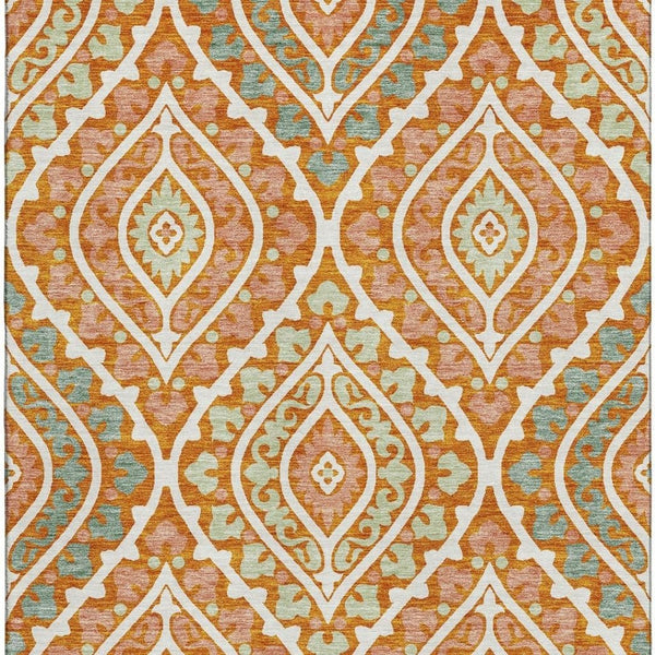 HomeRoots 5' X 8' Vibrant Orange Green Ivory Diamond Area Rug - Washable, UV-Protected, Pet-Friendly Design! 663908