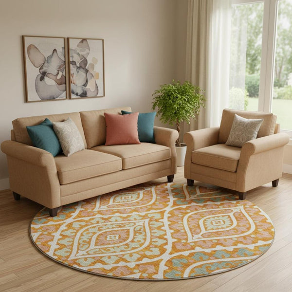 HomeRoots 8' Vibrant Orange Green Ivory Diamond Washable Round Rug with UV Protection for Indoor & Outdoor Use 663909