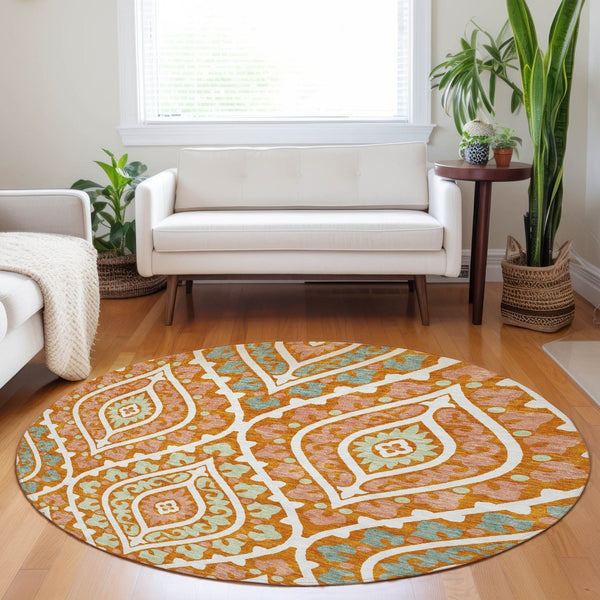 HomeRoots 8' Vibrant Orange Green Ivory Diamond Washable Round Rug with UV Protection for Indoor & Outdoor Use 663909