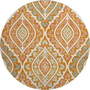 HomeRoots 8' Vibrant Orange Green Ivory Diamond Washable Round Rug with UV Protection for Indoor & Outdoor Use 663909