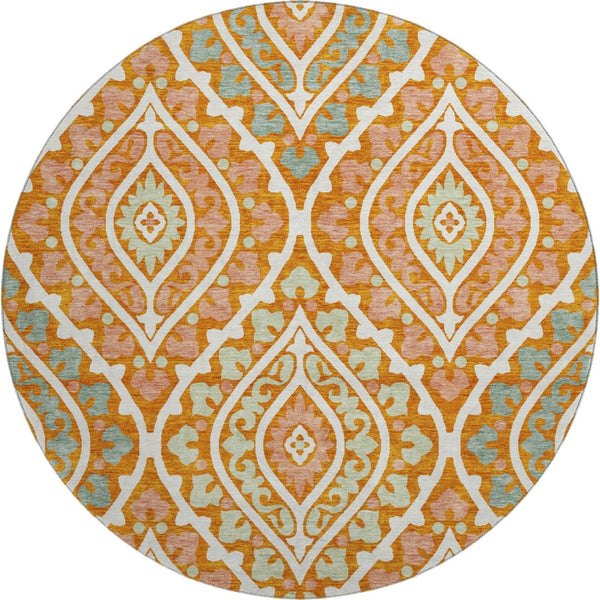 HomeRoots 8' Vibrant Orange Green Ivory Diamond Washable Round Rug with UV Protection for Indoor & Outdoor Use 663909