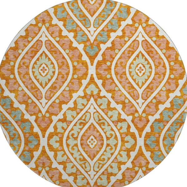 HomeRoots 8' Vibrant Orange Green Ivory Diamond Washable Round Rug with UV Protection for Indoor & Outdoor Use 663909