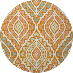 HomeRoots 8' Vibrant Orange Green Ivory Diamond Washable Round Rug with UV Protection for Indoor & Outdoor Use 663909