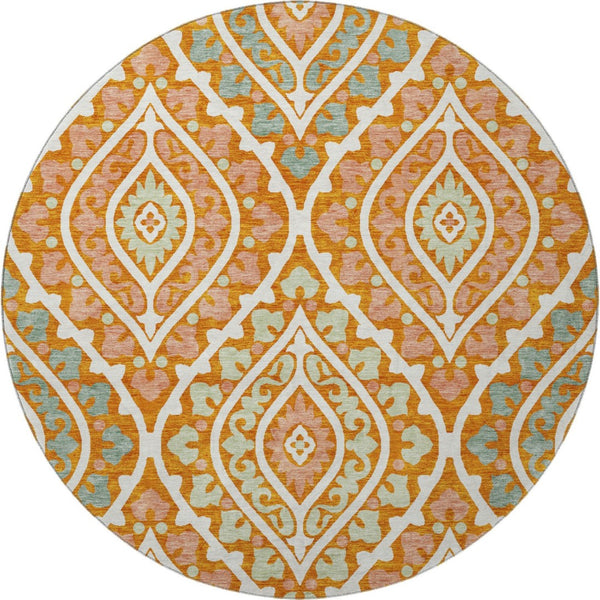 HomeRoots 8' Vibrant Orange Green Ivory Diamond Washable Round Rug with UV Protection for Indoor & Outdoor Use 663909