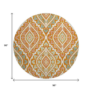 HomeRoots 8' Vibrant Orange Green Ivory Diamond Washable Round Rug with UV Protection for Indoor & Outdoor Use 663909