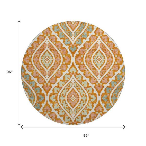 HomeRoots 8' Vibrant Orange Green Ivory Diamond Washable Round Rug with UV Protection for Indoor & Outdoor Use 663909
