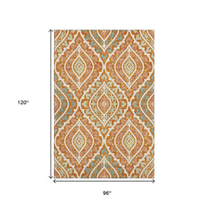 HomeRoots 8' X 10' Vibrant Orange, Green & Ivory Diamond Area Rug - UV Protected, Washable & Stain-Resistant! 663910