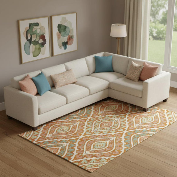 HomeRoots 8' X 10' Vibrant Orange, Green & Ivory Diamond Area Rug - UV Protected, Washable & Stain-Resistant! 663910