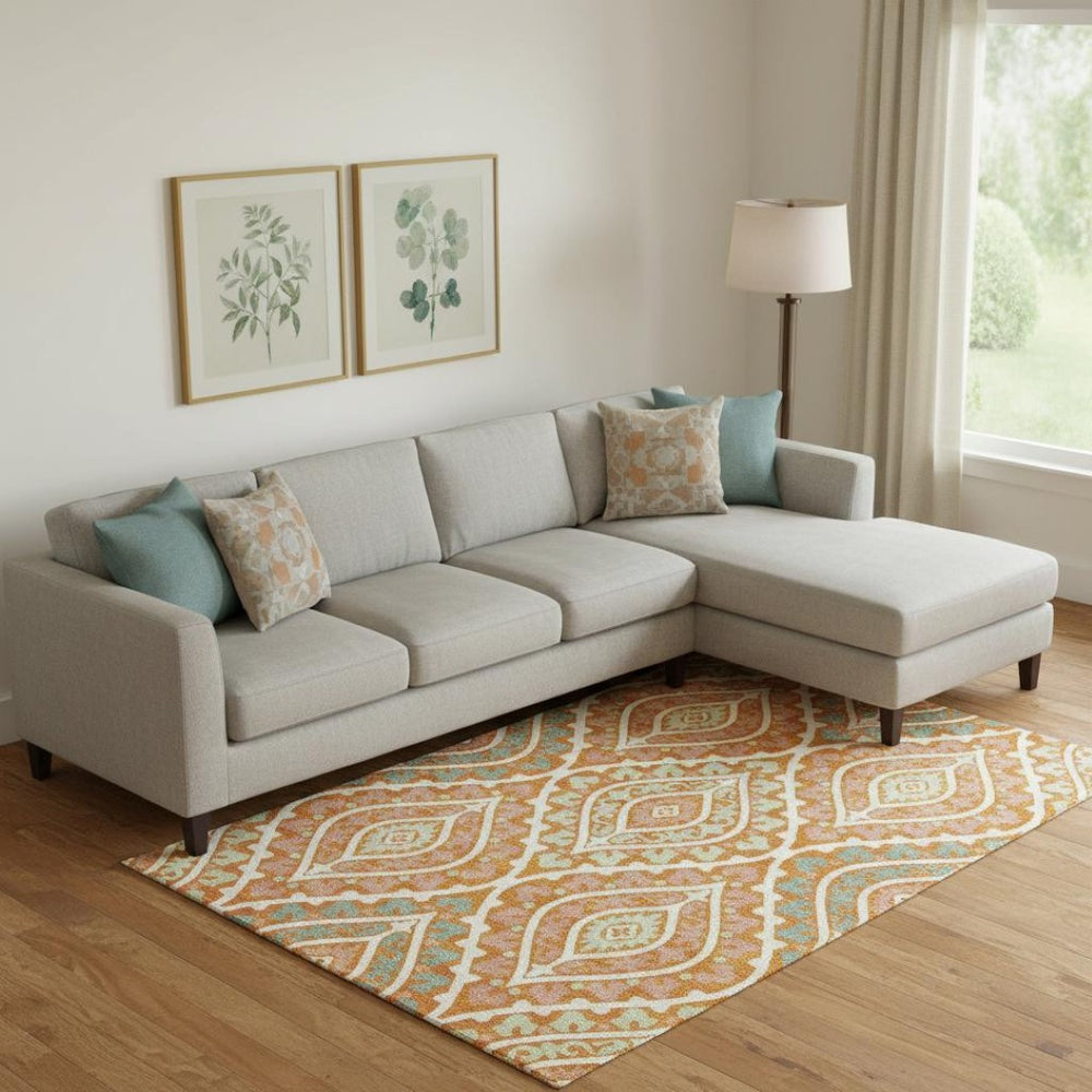 HomeRoots 10' Vibrant Orange, Green & Ivory Diamond Washable Area Rug with UV Protection for High-Traffic Areas 663912