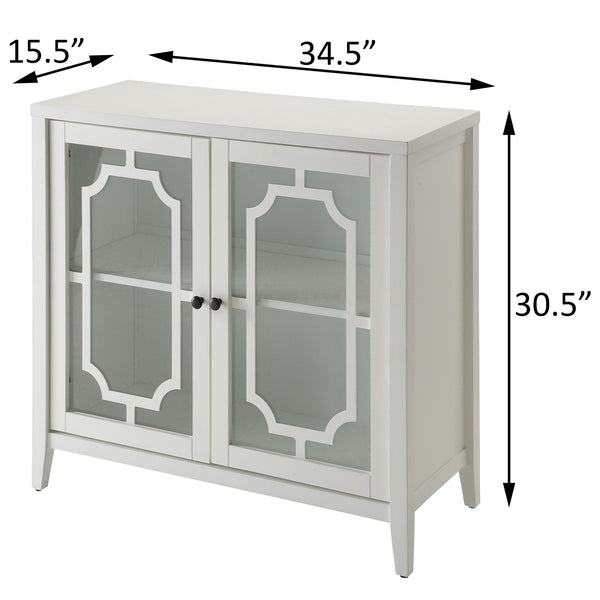 English Elm White Glass Door Console Table with Fretwork Design, Tapered Legs, Dust-Free Display & Storage (95) B062P185652