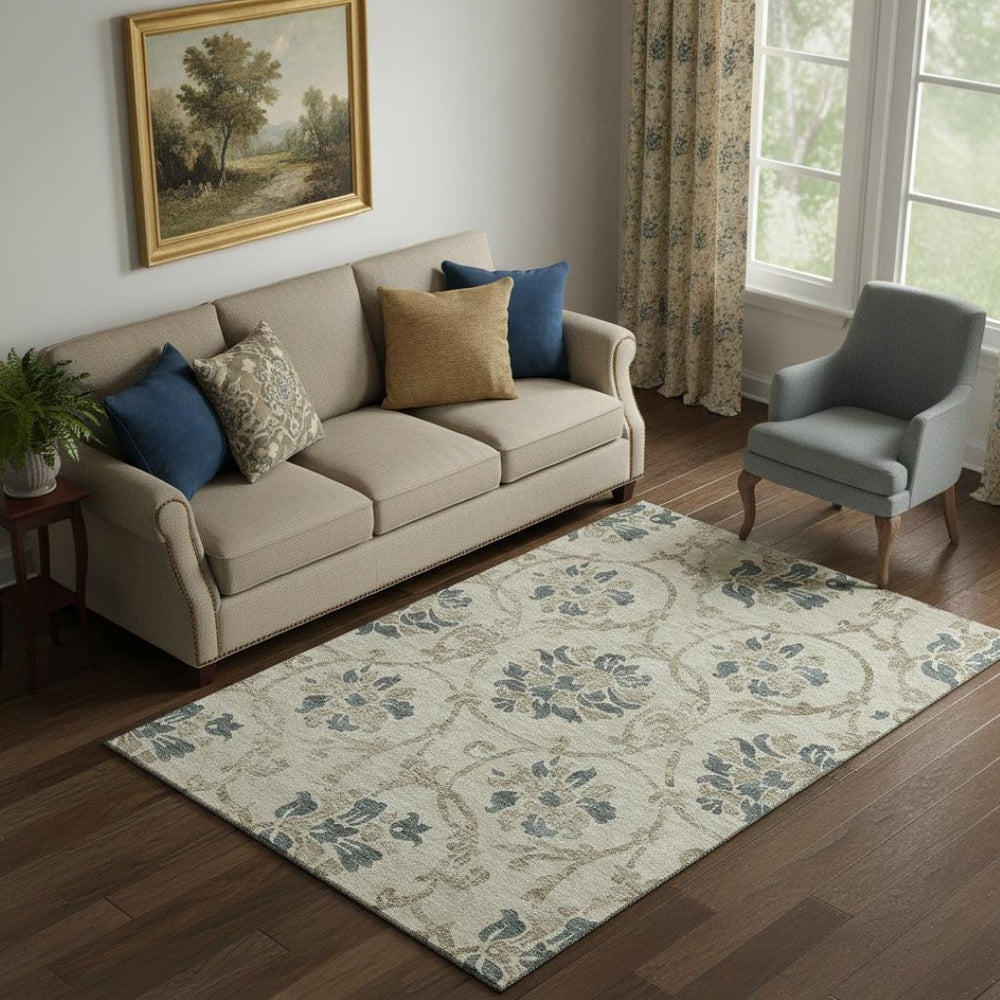 HomeRoots 5' X 8' Beige Blue Tan Floral Area Rug - Washable, UV Protected, Durable for Kids & Pets! 663938