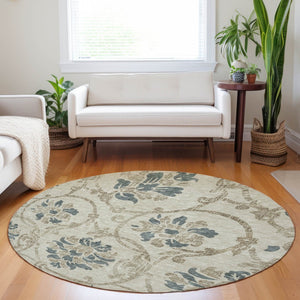 HomeRoots 8' Beige Blue Tan Floral Round Rug – Washable, UV Protected, Ideal for High-Traffic Family Spaces 663939