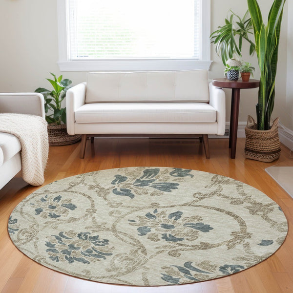 HomeRoots 8' Beige Blue Tan Floral Round Rug – Washable, UV Protected, Ideal for High-Traffic Family Spaces 663939