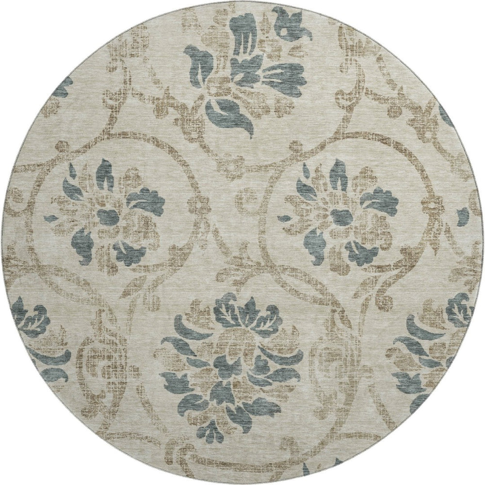 HomeRoots 8' Beige Blue Tan Floral Round Rug – Washable, UV Protected, Ideal for High-Traffic Family Spaces 663939