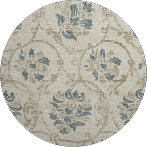 HomeRoots 8' Beige Blue Tan Floral Round Rug – Washable, UV Protected, Ideal for High-Traffic Family Spaces 663939