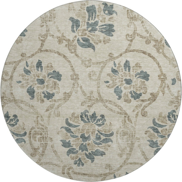 HomeRoots 8' Beige Blue Tan Floral Round Rug – Washable, UV Protected, Ideal for High-Traffic Family Spaces 663939