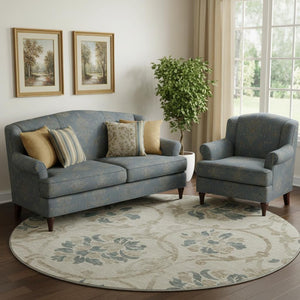 HomeRoots 8' Beige Blue Tan Floral Round Rug – Washable, UV Protected, Ideal for High-Traffic Family Spaces 663939