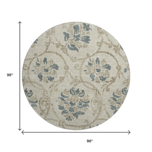 HomeRoots 8' Beige Blue Tan Floral Round Rug – Washable, UV Protected, Ideal for High-Traffic Family Spaces 663939