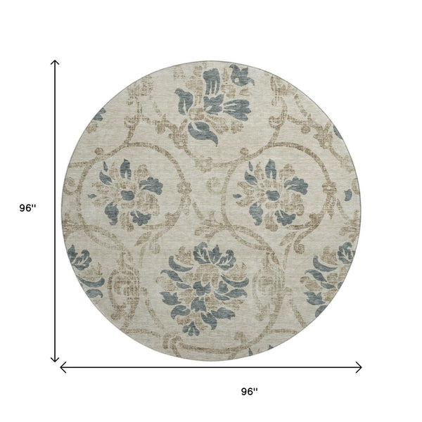 HomeRoots 8' Beige Blue Tan Floral Round Rug – Washable, UV Protected, Ideal for High-Traffic Family Spaces 663939