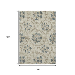 HomeRoots 8' X 10' Beige Blue Tan Floral Area Rug - Washable, UV Protected, Durable & Perfect for Busy Homes 663940