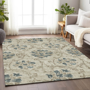 HomeRoots 8' X 10' Beige Blue Tan Floral Area Rug - Washable, UV Protected, Durable & Perfect for Busy Homes 663940