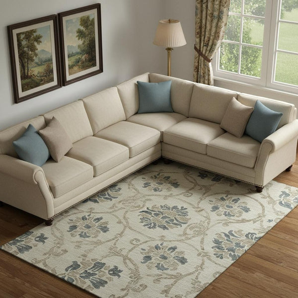 HomeRoots 8' X 10' Beige Blue Tan Floral Area Rug - Washable, UV Protected, Durable & Perfect for Busy Homes 663940